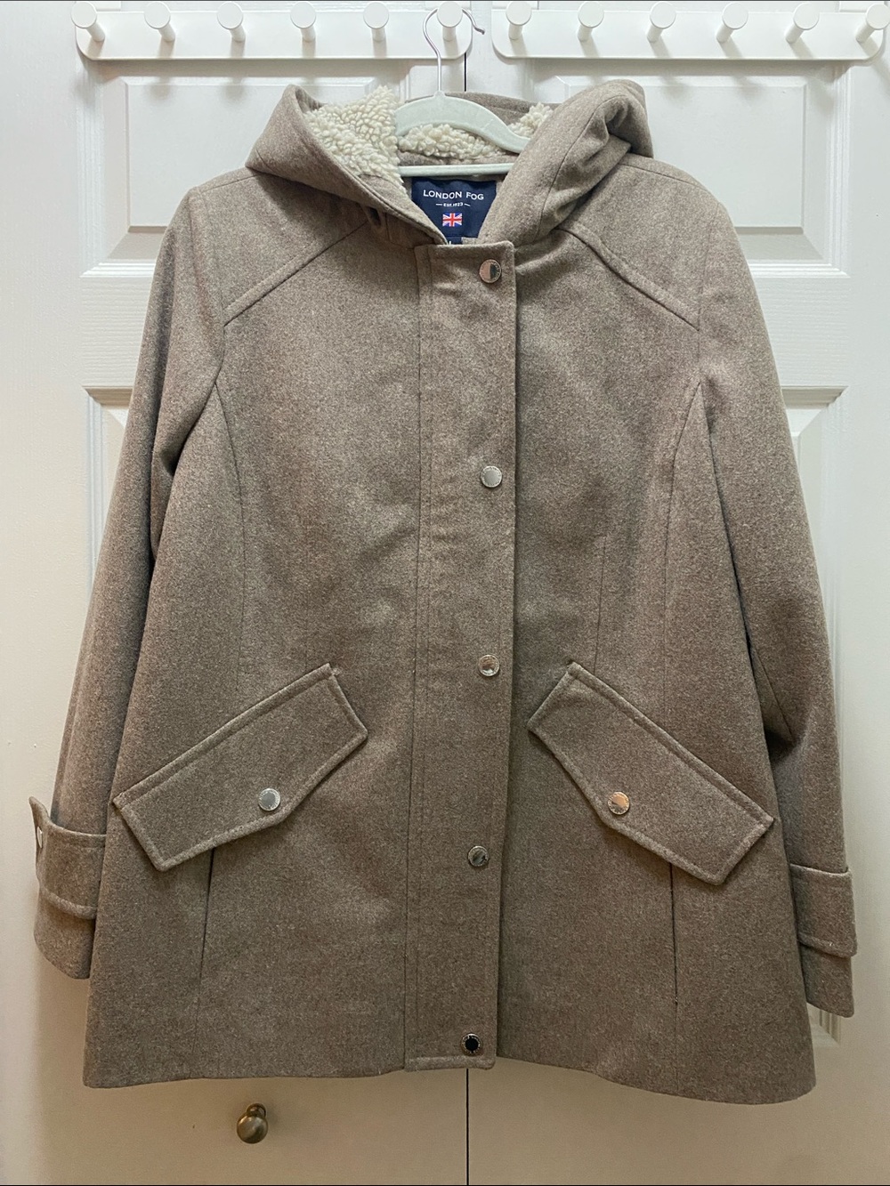 London Fog Taupe Hooded Wool-Blend Pea Coat - Size Large